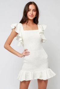 Find the Selma White Smocked Flutter Sleeve Mini Dress at bohopink.com! Cute white smocked mini dress with square neckline and flutter sleeves. Enjoy free shipping!