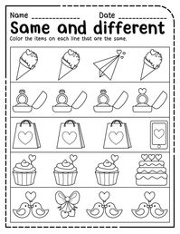 This downloadable valentine's day alike different worksheets set includes 6 worksheets to help your children learn the concept of same and different. NO-PREP printables can be used for small group activities, morning work, or extra practice and would be appropriate for preschool and kindergarten.