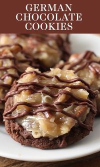 Oh my YUM!! German Chocolate Cookies feature an easy homemade soft, chewy, and gooey double chocolate cookie loaded with a flavorful coconut pecan topping. We love this from scratch recipe! #germanchocolatecookie #cookierecipe #chocolate