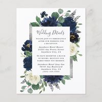 Design features an elegant watercolor floral wreath decorated with peonies, roses, eucalyptus greenery and more in shades of navy blue, green and ivory. Design also features a silver gray printed box beneath the wreath with a modern font - text layout. A matching floral arrangement is added to the back to carry over the overall theme.  You can add additional information to the back or completely change any of the texts to suit your needs.