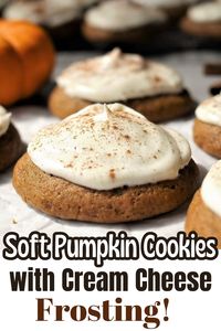 These deliciously soft and warmly spiced pumpkin cookies are paired with a smooth cream cheese frosting!