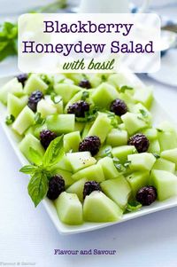 A beautiful summer salad made with honeydew melon, blackberries or blueberries with hints of basil. Learn the secrets for choosing the best honeydew melons. #honeydew #melon #recipe #howtochoose