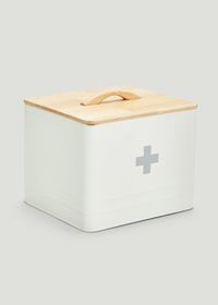 White Medical Tin With Wooden Lid (13.5cm x 15.5cm x 18cm) – – Matalan