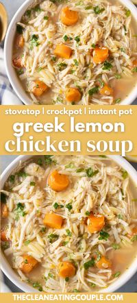 Greek Lemon Chicken Soup (Stovetop | Crockpot | Instant Pot) Lemon Chicken Soup with Orzo is a delicious, simple dinner easily made in the instant pot, crockpot or stovetop. You can keep it keto / low carb / paleo with zucchini noodles instead of orzo or add rice! Either way it's healthy and yummy - a delicious twist on a greek classic!