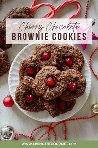 These fudgy Cherry Chocolate Brownie Cookies evoke the flavors of the season with rich chocolate and sweet maraschino cherries on top!