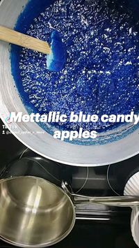 Cleaned granny smith apples de-waxed  • bamboo sticks  • chef master's metallic blue food coloring  • Sugar  • water  • Karo syrup  • thermometer