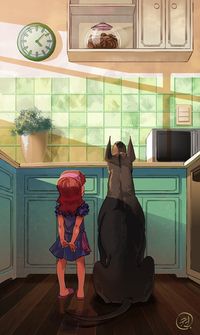 Cute Kitchen Girl & her big Great Dane dog staring at out of reach Cookie Jar Illustration - Partners by Elisa Kwon