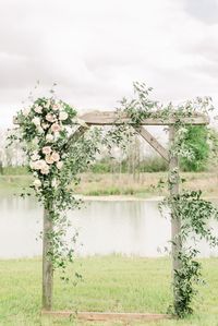 Wooden arch, white wedding, smilax, garden style wedding, blush and white wedding