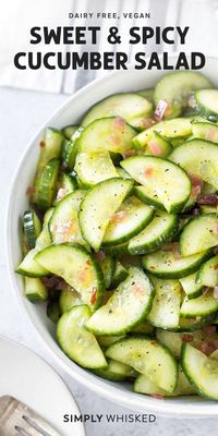 Sweet & Spicy Cucumber Salad - This easy vinegar based cucumber salad is a healthy vegan side dish recipe that’s perfect for spring and summer. #cucumber #vegan