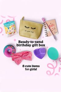 The perfect gift box for girls! BIRTHDAY GIFT SET – Send Birthday Greetings to that special woman in your life and surprise her with a fancy box of 8 unique & special presents. *SHOWER FACIAL ADJUSTABLE HAIR BAND & SILICON FACE SCRUBBERS *BLACK RASPBERRY VANILLA BATH CAKE *WRITING PAD & MILKSHAKE PEN *COSMETIC BAG & MAKEUP WASHING BRUSH