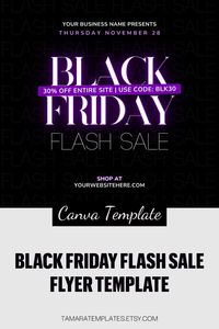 A black and purple neon Black Friday sale flyer. Unlock the potential of your Black Friday sales with this top-tier flyer template. A flyer design created to make your promotions stand out. 

This versatile Black Friday Instagram template is perfect for any small business looking to make a bold impact without the hassle of starting from scratch.

An instant download with easy accessibility and a user-friendly editable template. 

Elevate your Black Friday marketing efforts with this Canva templa