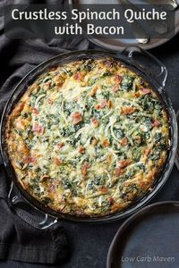 This low carb keto crustless spinach quiche with bacon recipe is easy to make and delicious.