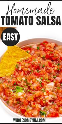 Learn how to make salsa with fresh tomatoes in 5 minutes! This homemade salsa recipe is loaded with zesty flavor using easy ingredients. #wholesomeyum