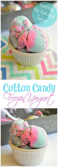 Cotton Candy Frozen Yogurt. Perfect snack for the kids with NO refined sugar. A healthy and fun dessert recipe.