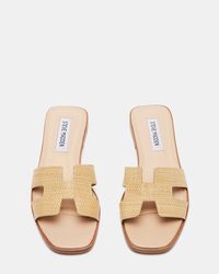 Geometric cutouts on the wide single strap of the HADYN slide give this flat sandal design a fresh feel. Slip-on style Cutout details on strap .75 inch heel height Textile upper material Synthetic lining Synthetic sock Synthetic sole Imported