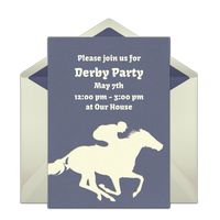 A free online Kentucky Derby invitation featuring a racing horse and jockey. Personalize and send to guests via text, email, or social media.