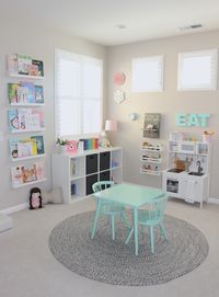 A pretty in pastels playroom. When I designed Elena's Preschool Inspired Playroom, I wanted the room to mimic her days at preschool and it did just that!