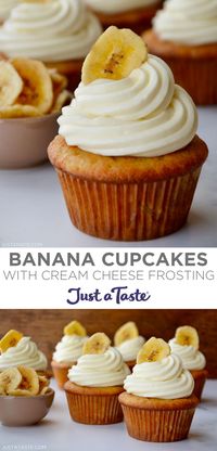 This Banana Cupcakes recipe stars moist banana cake plus thick, luscious swirls of tangy cream cheese frosting. It's a match made in dessert heaven! #justatasterecipes