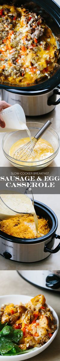 How To Make Sausage, Egg, and Cheese Slow-Cooker Breakfast Casserole. Slow cooker and crock pot breakfast casserole recipes make quick, simple, easy, make ahead weekday breakfasts. They're comforting and cozy for weekends too, and are excellent for a crowd when you're entertaining guests. For this EASY, comfort food, overnight crockpot recipe, you'll need sausage, eggs, milk, cheese, peppers, onions, and bread.