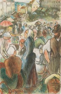 Camille Pissarro (1830-1903) ~ "Marché de Gisors, Rue Cappeville", c.1895 ~ Couleur de Pointes Sèches