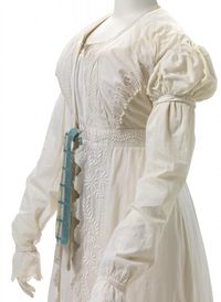 National Gallery of Victoria, Melbourne The Schofield Collection D116.a-c-1974 ENGLAND Pelisse and dress (c. 1818) cotton (lawn, thread), silk (ribbon), metal (buttons and hook and eye)