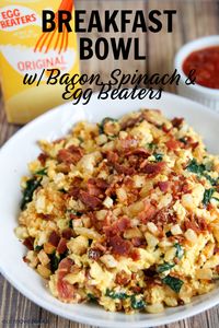 You don't have to go to a restaurant to have a delicious breakfast bowl. Make it at home #minustheshell with Egg Beaters, bacon, spinach, onion, cheese and hash browns! SO stinkin' good! Look for Egg Beaters @walmart! #ad