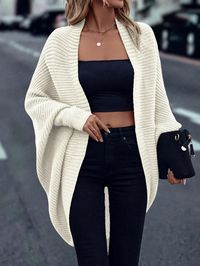 Women's Solid Color Bat Sleeve Loose Casual Cardigan, Autumn/Winter Apricot Casual  Long Sleeve Knitwear Plain  Slight Stretch  Women Clothing, size features are:Bust: ,Length: ,Sleeve Length: