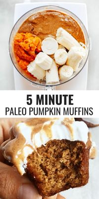 5 Minute, 71 calorie paleo pumpkin spice protein muffins. Flourless pumpkin banana muffins make for easy meal prep- perfect for cozy fall breakfasts or post workout fuel! Naturally sweetened, with added health benefits and protein from collagen peptides. #paleo #pumpkinspice #baking