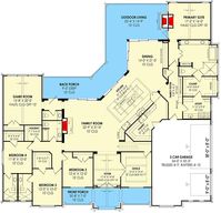 This transitional house plan has an exterior with a perfect blend of brick, wood and metal and perfect symmetry. A pair of arched  French doors with windows opens to reveal a vaulted and beamed foyer. French doors to the right open to your private home office with a boxed beam ceiling (10' to 11') and views to the front. Bedrooms are clusters on the left side of the home along with the vaulted game room, giving the kids a substantial part of the house to call their own. The center of the ho