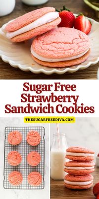 Sugar Free Strawberry Sandwich Cookies, two simple cake mix cookies surrounding a delicious cream cheese filling. No added sugar recipe! Read more at: https://thesugarfreediva.com/sugar-free-strawberry-sandwich-cookies/ #sugarfree #cookies #strawberry