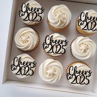 Handmade "Cheers to 2025" cupcake toppers are made with high quality glitter card stock. Please note the back of the cake topper is plain white. The topper measures approximately 2.5 inches wide. Hello 2025 Topper: https://www.etsy.com/uk/listing/581327439/hello-2019-cake-topper-new-years-eve?ref=shop_home_active_2&pro=1 2025 confetti: https://www.etsy.com/uk/listing/658927687/50-glitter-2019-new-years-eve-confetti?ref=shop_home_active_5&pro=1 More cupcake toppers available here: https://www.ets