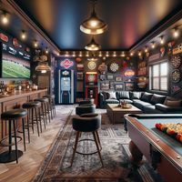 This man cave is the ultimate spot for fun and relaxation, featuring a stocked bar, pool table, arcade games, a TV area with comfy leather seating, and its own jamming stage. The room is filled with warmth from the ambient lighting, plush carpet, and sports memorabilia.  #ManCave #HomeBar #GameRoom #HomeTheater #MusicStudio #SportsMemorabilia