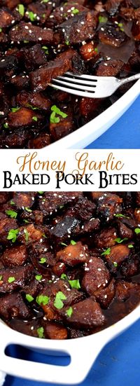 Honey Garlic Baked Pork Bites | A delicious and healthy new spin on ribs. Tasty honey and garlic flavors mix perfectly in this dish!