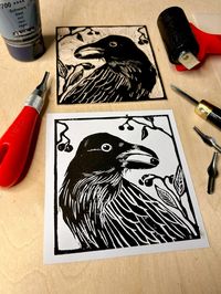 #linocut #linocutprint #linocutart #ink #blackandwhite #raven #berries #nature #birds #schmincke #essdee #print