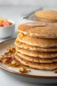 These healthy oat flour pancakes will keep you full and happy all morning! They're soft and fluffy, lightly sweetened with maple syrup, and made with just 5 ingredients. This recipe is free from oil, gluten, soy, nuts, and refined sugar.