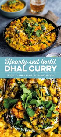 This hearty one-pot dhal curry is packed with red lentils, chickpeas, butternut squash and spinach and ready in just 25 minutes. #dhal #redlentils #vegan #curry #supergoldenbakes