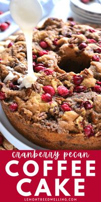 Cranberry Pecan Coffee Cake is packed with fresh cranberries, pecans, and brown sugar streusel, then topped with a creamy vanilla glaze. Make this cranberry coffee cake recipe for breakfast or dessert....either way, it's perfect for the holidays!