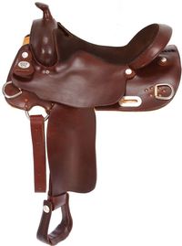 Built on a comfort Arabian 5 year guaranteed tree designed for Arabian horses. Neoprene in skirts, padded suede seat, engraved silver rings positioned just right for training. Tough-1 quick change buckles. Features: Tree: Rawhide Covered Bars: Arabian Horn: 2" Cantle: 4" Swell: 13" Gullet: 8" Rigging: Drop D Skirt: 25"x26.5" Weight: 29 lbs.