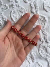 Handmade Red & Gold Floral Beaded Bracelet with gold clasps