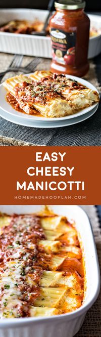 Easy Cheesy Manicotti! Bring a restaurant classic to your dinner table with this easy cheesy recipe! Use Bertolli marinara sauce and cut your cook time in half! | HomemadeHooplah.com #spon