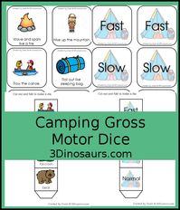 Free Camping Gross Motor Dice – 3 Dinosaurs