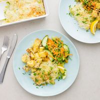 Fish bake with parsley, lemon and roast potatoes - Nadia Lim