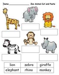 Free cut and paste worksheet on zoo animal names.  See this and other K, 1 and 2 printable units at www.creativeclassroomconnections.