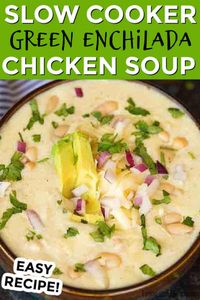 Crock pot green enchilada chicken soup is so creamy. The cheese and green enchilada sauce create a rich and creamy soup with hearty chicken. Green Enchilada Chicken Soup is the best recipe and healthy. Try this easy slow cooker soup. #eatingonadime #greenchickenenchiladasoup #crockpot