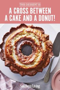 This oversized “donut” is sure to be a hit. Although this dessert looks straight from the donut shop, the recipe itself is a moist and tender pound cake with added leavening, which gives the cake the cracked and craggy appearance of an old-fashioned donut. This delicious dessert idea is perfect for a bored-baking marathon. #recipes #recipeideas #dessert #dessertrecipes #southernliving