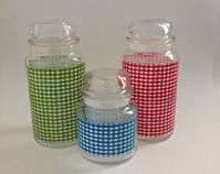 70s Gingham Check Glass Canisters Jars Anchor Hocking Red Lime Green and Blue ric-rac