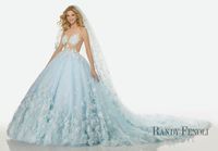 Randy Fenoli Bridal, Brandi Wedding Dress | Style 3424. Diamante and Crystal Beaded, Floral Appliqués and Embroidery on an Illusion Bodice with Extra Full, Princess Tulle Ball Gown Over Sequined Tulle. Dramatic Cathedral Train. Colors available: Diamond White, Something Blue.