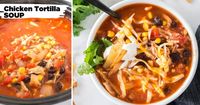 Chicken tortilla soup is a Mexican, tomato-based soup filled with chicken, beans, corn, and topped with fried tortilla strips. It's full of flavor and makes a great meal on a cool night.