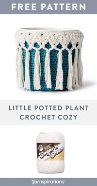 Free Crochet Pattern | Yarnspirations | Lily Sugar'n Cream Yarn | Little Potted Plant Crochet Cozy | Pretty fringe on this simple crochet pot cozy adds macramé-inspired flair to your décor. This project is worked in the round with simple increases, single crochet, double crochet, chain stitch and fringe work.#Yarnspirations #FreeCrochetPattern #LilySugarNCream #Bermat #Caron #Patons