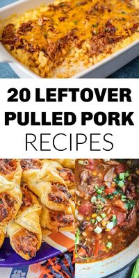 Have leftover pulled pork? This is a round up of 20 delicious leftover pulled pork recipes. Great ideas for meals to make with any leftover pork.